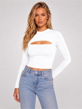 NWT Sugar White Cutout Long Sleeve Crop Top Small Fitted Stretch Going Out Chic